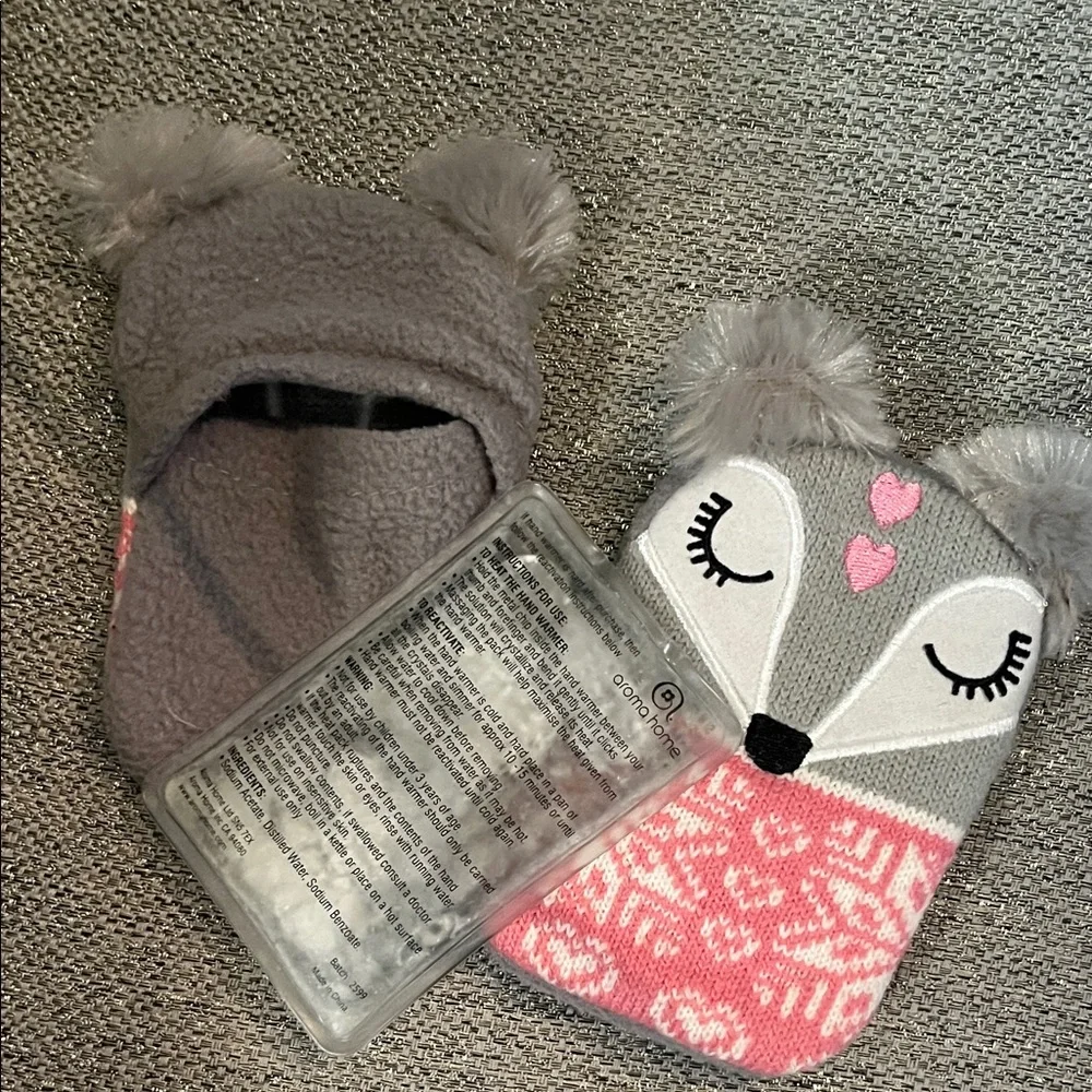 Gray and Pink Fox Hand warmers with reusable warmers